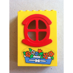 Fabuland Building Wall 2 x 6 x 7 with Round Symmetric Red Window with Flowers Pattern (Sticker) - Sets 132-1 / 341-2