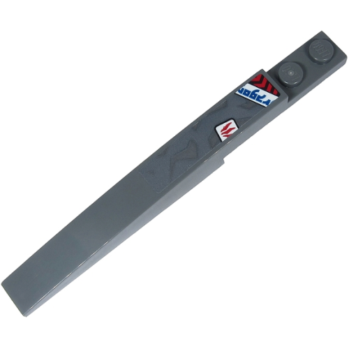 Деталь LEGO 85970pb025 Slope, Curved 10 x 1 with Blue 'ragon', Red and Black Danger Chevrons and Red Stripes Pattern (Sticker) - Set 71710