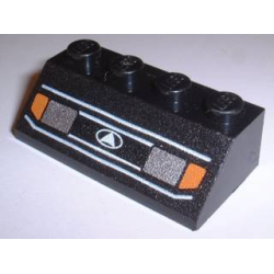 Slope 45 2 x 4 with Silver Car Headlights, Orange Signal Lights, Grille with White Triangle in Oval Logo Pattern - Black Slope 45 2 x 4 with Silver Car Headlights, Orange Signal Lights, Grille with White Triangle in Oval Logo Pattern - Black