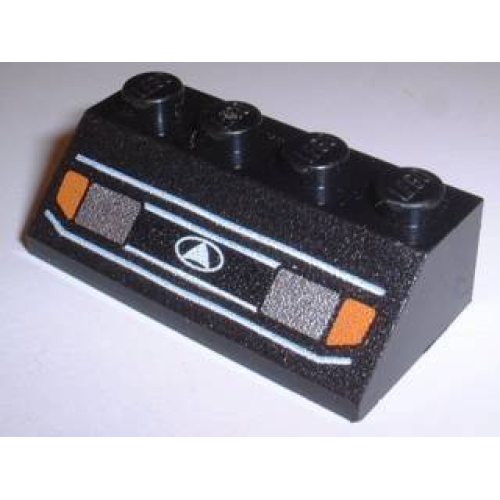 Деталь LEGO 3037px1W Slope 45 2 x 4 with Silver Car Headlights, Orange Signal Lights, Grille with White Triangle in Oval Logo Pattern - Black