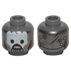 Minifigure, Head Alien Orc with Dark Silver Helmet with Black Eye Holes and White Paint over Reddish Brown Face, Open Mouth with Tan Sharp Teeth Parted, Rivets and Scuff Marks on Back Pattern
