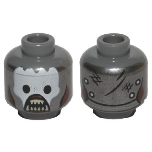 Деталь LEGO 3626pb0759 Minifigure, Head Alien Orc with Dark Silver Helmet with Black Eye Holes and White Paint over Reddish Brown Face, Open Mouth with Tan Sharp Teeth Parted, Rivets and Scuff Marks on Back Pattern