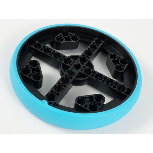 Деталь LEGO 49295pb01 Wheel 88 x 14 Technic with Axle Hole and 28 Pin Holes with Molded Medium Azure Hard Rubber Tire Pattern