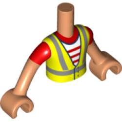 Torso Mini Doll Boy Neon Yellow Safety Vest with Recycling Logo over Red and White Striped Shirt Pattern, Light Nougat Arms with Hands with Red Short Sleeves