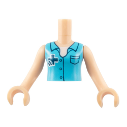 Torso Mini Doll Girl Medium Azure Blouse Top with Dark Blue Cross Logo and Animal Paw over White Shirt Pattern, Light Nougat Arms with Hands