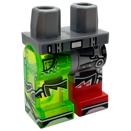 Деталь LEGO 970d60pb01 Hips and 1 Flat Silver Left Leg, 1 Trans-Bright Green Right Leg with Molded Red Lower Leg / Boot Left and Printed Belt and Straps with Silver Buckles, Pocket, Black Shapes, Shoe Tips Pattern