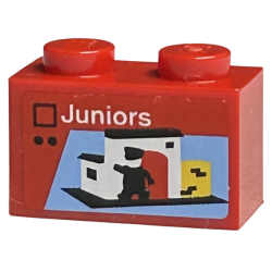 Brick 1 x 2 with LEGO Juniors Set Box Art, White Building with Red Door on Black Baseplate, Minifigure Silhouette Pattern (Sticker) - Sets 40145 / 40305 and Gear 40359
