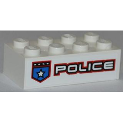 Brick 2 x 4 with Police White Star Badge and White 'POLICE' with Red Outline Pattern Model Left Side (Sticker) - Set 8301