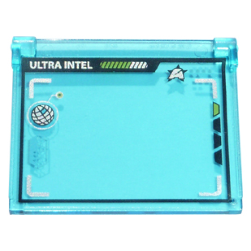 Деталь LEGO 60603pb005 Glass for Window 1 x 4 x 3 - Opening with Computer Screen with Silver 'ULTRA INTEL' and Ultra Agents Logo Pattern