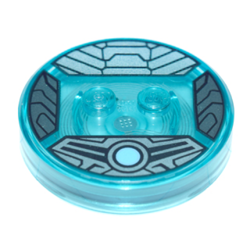 Деталь LEGO 18605c01pb24 Dimensions Toy Tag 4 x 4 x 2/3 with 2 Studs and Trans-Light Blue Bottom with Medium Blue Circle and Black Armor Panels on Silver Background Pattern (Cyberman)