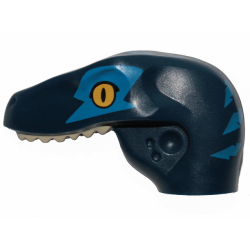 Dinosaur Head Raptor with Pin Hole with Tan Teeth, Yellow Eyes, Blue Stripes and Eye Patch Pattern Dinosaur Head Raptor with Pin Hole with Tan Teeth, Yellow Eyes, Blue Stripes and Eye Patch Pattern