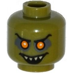 Minifigure, Head Alien Goblin with Orange Eyes, Black Eyebrows, Dark Bluish Gray Eye Shadow, and Open Mouth Smile with Pointed Teeth Pattern