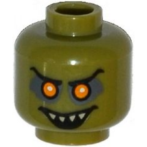 Деталь LEGO 3626pb1240 Minifigure, Head Alien Goblin with Orange Eyes, Black Eyebrows, Dark Bluish Gray Eye Shadow, and Open Mouth Smile with Pointed Teeth Pattern