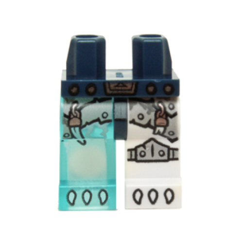 Деталь LEGO 970d19pb02 Hips and 1 White Left Leg, 1 Trans-Light Blue Right Leg with Gray Armor and Knee Pad, Copper Pendants and White Claws Pattern