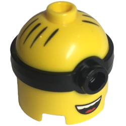 Minifigure, Head, Modified Minion, Tall with Molded Black Single Lens Goggles and Printed Hair and Open Mouth with White Teeth and Red Tongue Pattern