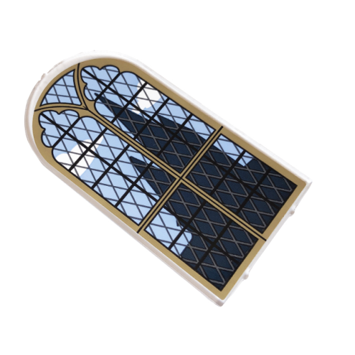 Деталь LEGO 65066pb12 Glass for Door Frame 1 x 6 x 7 Arched with Notches and Rounded Pillars with Lattice Window with Dark Tan Frame and Dark Blue Castle Silhouette Pattern (Sticker) - Set 76409