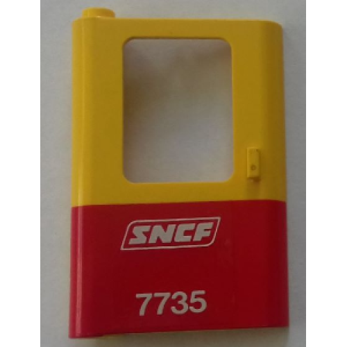 Деталь LEGO 4181pb055 Door 1 x 4 x 5 Train Left, Thin Support at Bottom with Red Bottom Half and White 'SNCF 7735' Pattern (Sticker) - Set 7735