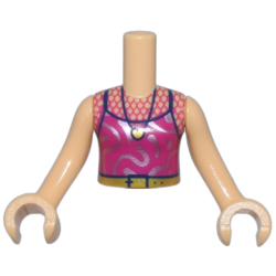 Torso Mini Doll Girl Magenta Tank Top with Mesh, Silver Swirls, and Gold and Dark Blue Belt and Necklace Pattern, Medium Tan Arms with Hands