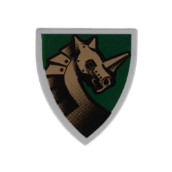 Minifigure, Shield Triangular Short with Gold Armored Horse (Unicorn) on Dark Green Background Pattern Minifigure, Shield Triangular Short with Gold Armored Horse (Unicorn) on Dark Green Background Pattern