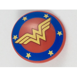 Minifigure, Shield Circular / Round Convex Face with Blue Border with Bright Light Orange Stars and 'WW' Pattern Minifigure, Shield Circular / Round Convex Face with Blue Border with Bright Light Orange Stars and 'WW' Pattern