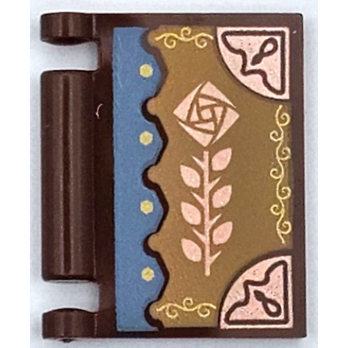Деталь LEGO 24093pb067 Minifigure, Utensil Book Cover with Copper Flower and Corners on Dark Tan Background with Medium Blue Scalloped Edge Pattern