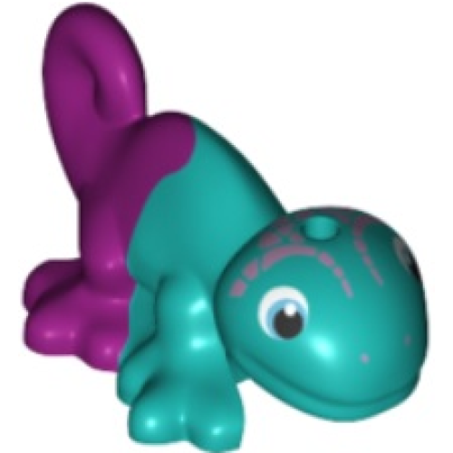Деталь LEGO 15678pb04 Chameleon, Friends Style with Black, Medium Azure and White Eyes, Metallic Pink Head Markings, and Marbled Magenta Pattern - Dark Turquoise