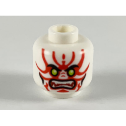 Minifigure, Head Alien with Lime Eyes, White Fangs, Red Simpler Face Decorations and Black Mouth and Cheek Lines Pattern