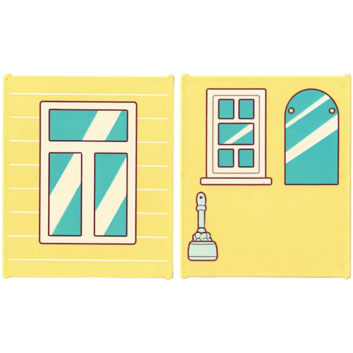 Деталь LEGO 42509pb14 Glass for Window 1 x 6 x 6 Flat Front with Window with Medium Azure Panes, White Frame and Reflections / Small Window, Curved Top Mirror, and Light Aqua Toilet Cleaning Brush Pattern