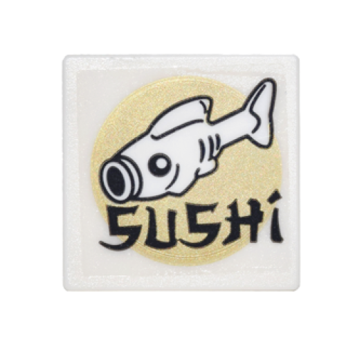 Деталь LEGO 15210pb034 Road Sign 2 x 2 Square with Open O Clip with Fish, Gold Circle and Black 'SUSHI' Pattern (Sticker) - Set 70620