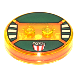 Dimensions Toy Tag 4 x 4 x 2/3 with 2 Studs and Trans-Orange Bottom with Red and White Popcorn Bucket on Dark Green Background Pattern (Stripe)