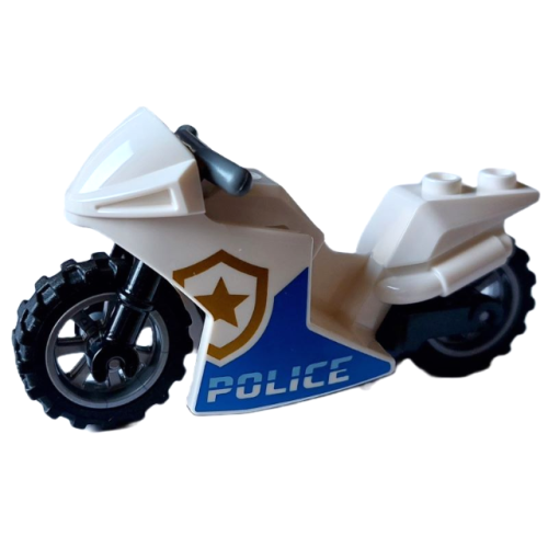 Деталь LEGO 18895c14pb02 Motorcycle Sport Bike with Black Frame, Flat Silver Wheels and Dark Bluish Gray Handlebars with 'POLICE' Pattern on Both Sides