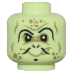Minifigure, Head Alien Thin Curved Black Eyebrows, Fu Manchu Moustache, and Olive Green Wrinkles and Spots Pattern