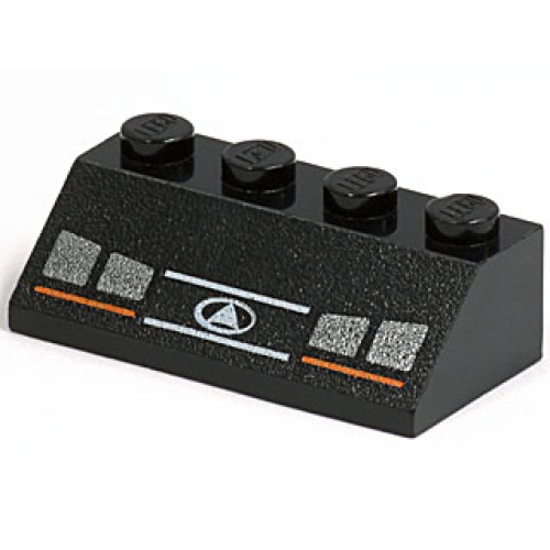 Деталь LEGO 3037px9 Slope 45 2 x 4 with Silver Headlights, Orange Lines, White Triangle in Oval Logo Pattern