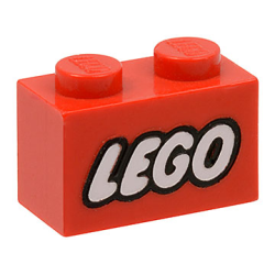 Brick 1 x 2 with LEGO Logo Closed O Style White with Black Outline Pattern - Red