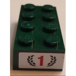Brick 2 x 4 with Red Number 1 and Dark Green Laurel Wreath Pattern on End (Sticker) - Set 75881