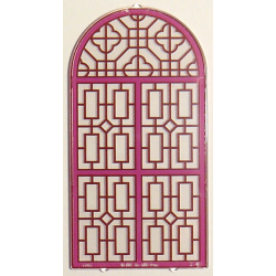 Glass for Door Frame 1 x 6 x 7 Arched with Notches and Rounded Pillars with Dark Pink Panes and Ornate Lines Pattern