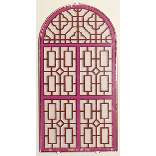 Деталь LEGO 65066pb02 Glass for Door Frame 1 x 6 x 7 Arched with Notches and Rounded Pillars with Dark Pink Panes and Ornate Lines Pattern