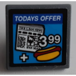 Road Sign 2 x 2 Square with Open O Clip with 'TODAYS OFFER', 'THE LEGO NEWS', '399' and Hot Dog Pattern (Sticker) - Set 60200