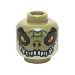 Minifigure, Head Alien Chima Crocodile with Dark Green Rimmed Eyes, Teeth and Yellowish Green Lower Jaw Pattern