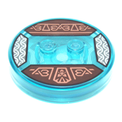 Dimensions Toy Tag 4 x 4 x 2/3 with 2 Studs and Trans-Light Blue Bottom with Angled Copper Lines and Symbols on Dark Brown Background, Silver Wavy Lines Pattern (Gimli)