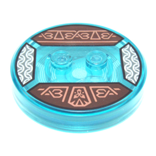 Деталь LEGO 18605c01pb38 Dimensions Toy Tag 4 x 4 x 2/3 with 2 Studs and Trans-Light Blue Bottom with Angled Copper Lines and Symbols on Dark Brown Background, Silver Wavy Lines Pattern (Gimli)