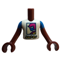 Torso Mini Doll Boy White Shirt with Magenta, Blue and Yellow Racer in Dark Blue Frame Pattern, Reddish Brown Arms with Hands with Blue Short Sleeves