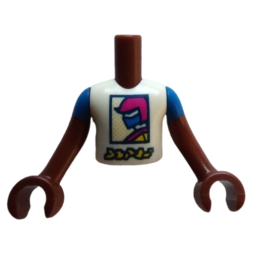 Деталь LEGO FTBpb089c01 Torso Mini Doll Boy White Shirt with Magenta, Blue and Yellow Racer in Dark Blue Frame Pattern, Reddish Brown Arms with Hands with Blue Short Sleeves