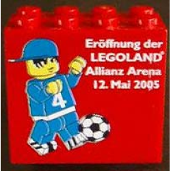 Brick 2 x 4 x 3 with Eröffnung der Legoland Allianz Arena 12. Mai 2005 and Minifigure with Ball Pattern