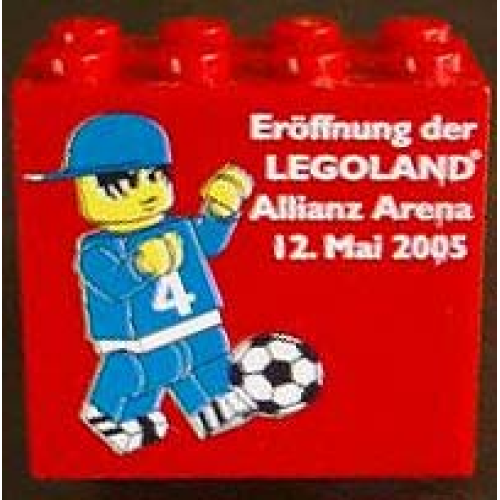 Деталь LEGO 30144pb023 Brick 2 x 4 x 3 with Eröffnung der Legoland Allianz Arena 12. Mai 2005 and Minifigure with Ball Pattern