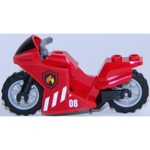 Деталь LEGO 18895c02pb02 Motorcycle Sport Bike with Black Windshield Pattern, Black Frame, Light Bluish Gray Wheels and Dark Bluish Gray Handlebars with Fire Pattern on Both Sides (Stickers) - Set 60108