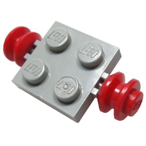 Деталь LEGO 122c01 Plate, Modified 2 x 2 with Red Wheels - Light Gray