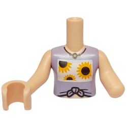 Torso Mini Doll Girl Lavender Tied Sleeveless Vest Top, Bright Light Orange Sunflowers Pattern, Light Nougat Arm Left, Light Nougat Arm with Hand Right