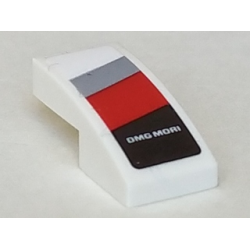 Slope, Curved 2 x 1 x 2/3 with 'DMG MORI' on Light Bluish Gray, Red and Black Diagonal Stripes Pattern Model Right Side (Sticker) - Set 75887 Slope, Curved 2 x 1 x 2/3 with 'DMG MORI' on Light Bluish Gray, Red and Black Diagonal Stripes Pattern Model Right Side (Sticker) - Set 75887