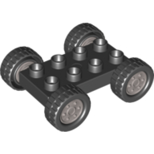 Деталь LEGO 88760c02pb02 Duplo Car Base 2 x 4 with Black Tires with Tread with Metallic Silver Classic Wheels Pattern (88760 / 88762c02pb02)